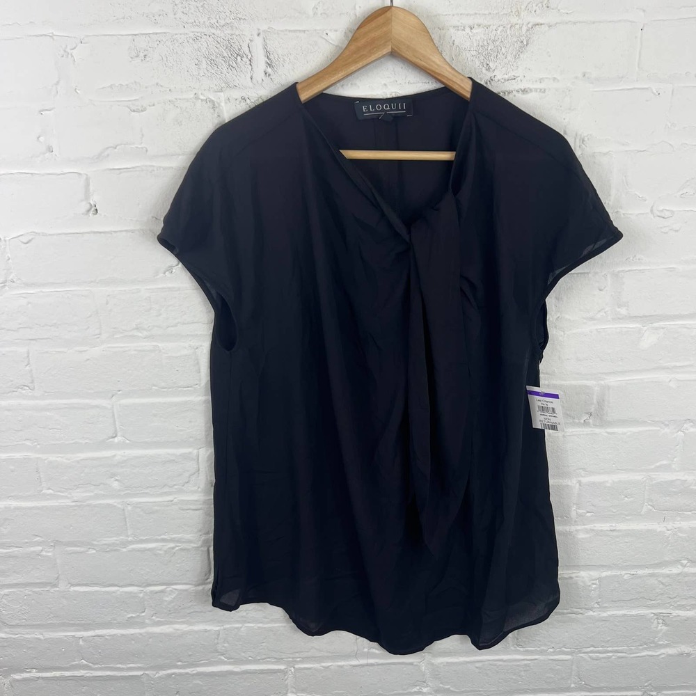 3/$12 Eloquii Women's Tie Neck Top Blouse Short Sleeve Black Size 14 NWT